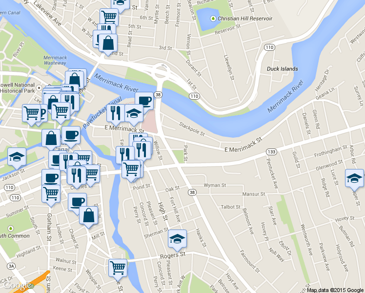 map of restaurants, bars, coffee shops, grocery stores, and more near 427 East Merrimack Street in Lowell