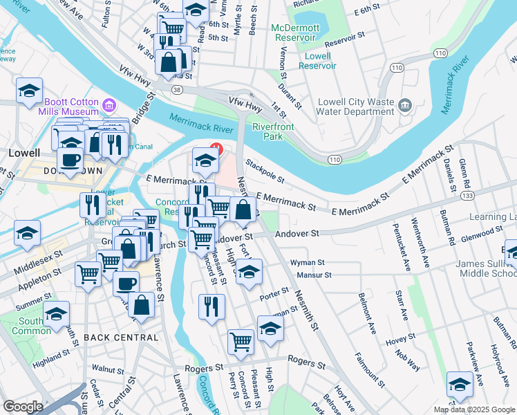 map of restaurants, bars, coffee shops, grocery stores, and more near 136 Chestnut Street in Lowell