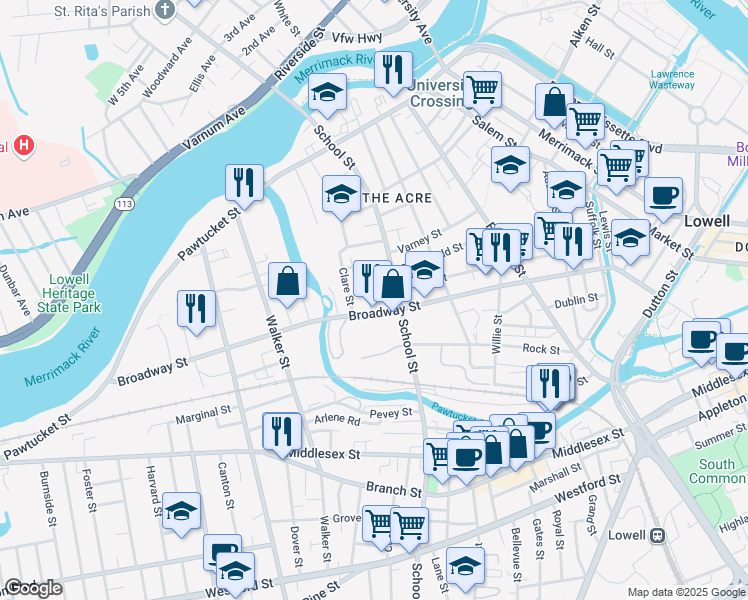 map of restaurants, bars, coffee shops, grocery stores, and more near 255 School Street in Lowell