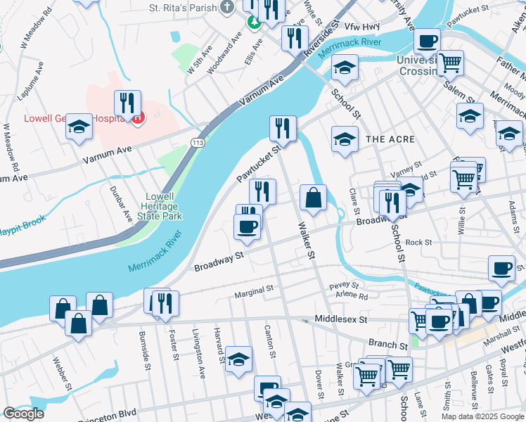 map of restaurants, bars, coffee shops, grocery stores, and more near 1 Solomont Way in Lowell