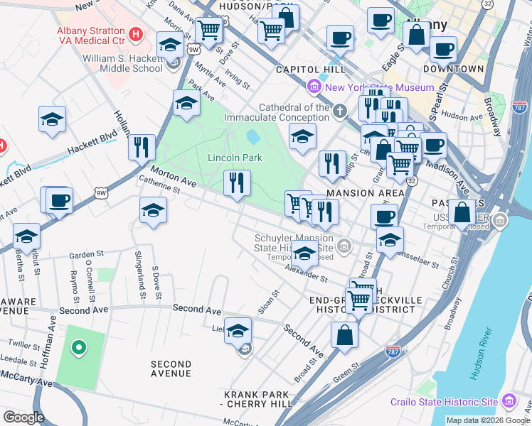map of restaurants, bars, coffee shops, grocery stores, and more near 122 Morton Avenue in Albany