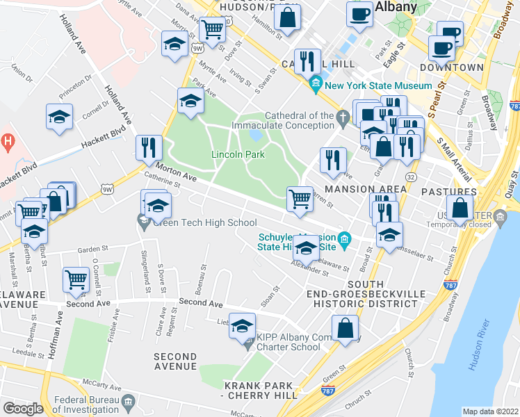 map of restaurants, bars, coffee shops, grocery stores, and more near 122 Morton Avenue in Albany