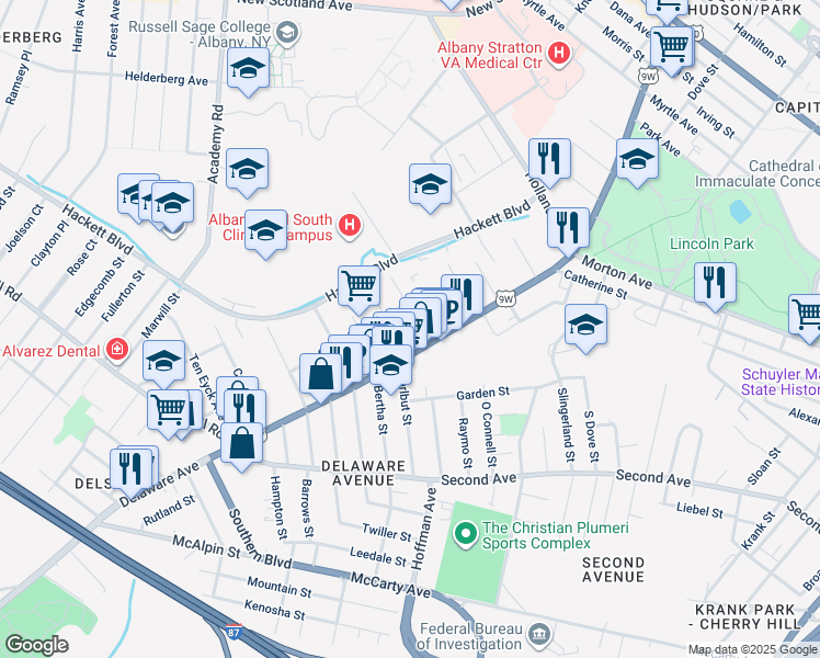 map of restaurants, bars, coffee shops, grocery stores, and more near in Albany