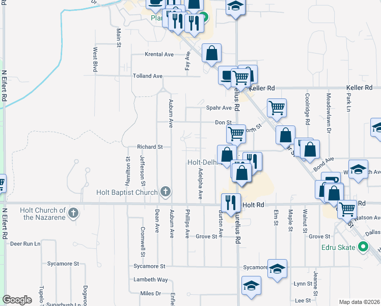 map of restaurants, bars, coffee shops, grocery stores, and more near 2111 Phillips Avenue in Delhi charter Township