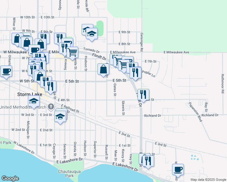 map of restaurants, bars, coffee shops, grocery stores, and more near 516 Oates Street in Storm Lake