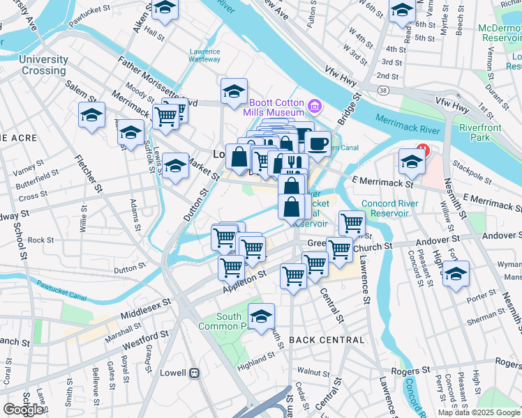map of restaurants, bars, coffee shops, grocery stores, and more near 200 Market Street in Lowell