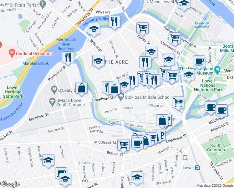 map of restaurants, bars, coffee shops, grocery stores, and more near 258 School Street in Lowell