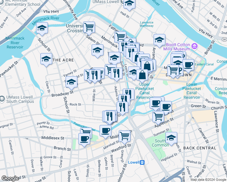 map of restaurants, bars, coffee shops, grocery stores, and more near 49 Dublin Street in Lowell