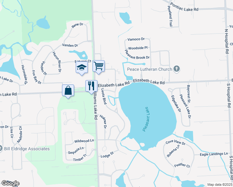 map of restaurants, bars, coffee shops, grocery stores, and more near 55 Panama Drive in Waterford Township