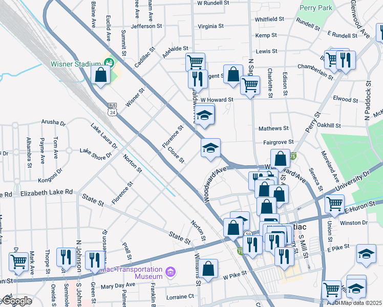 map of restaurants, bars, coffee shops, grocery stores, and more near 40 Sanderson Avenue in Pontiac
