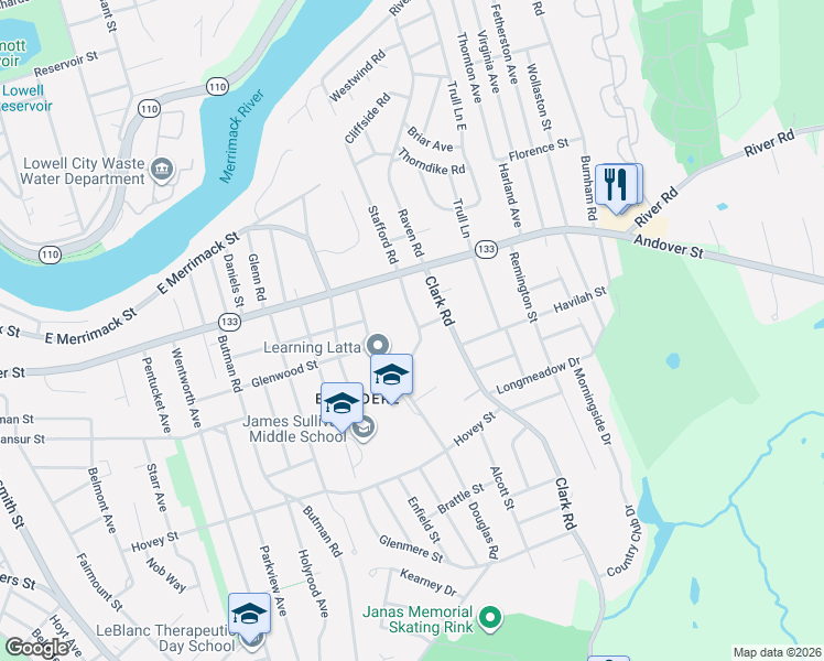 map of restaurants, bars, coffee shops, grocery stores, and more near 45 Garden Road in Lowell