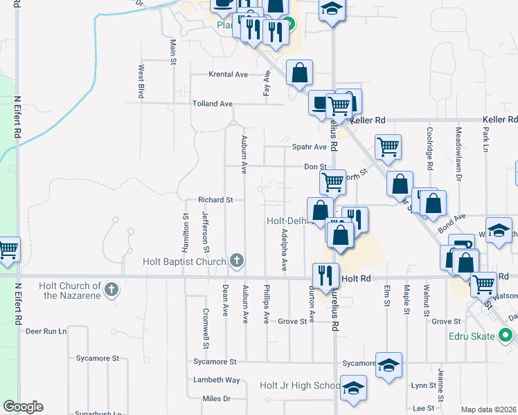 map of restaurants, bars, coffee shops, grocery stores, and more near 2111 Phillips Ave in Delhi Charter Township
