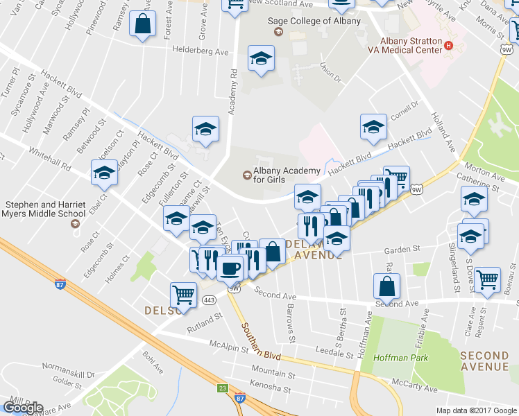 map of restaurants, bars, coffee shops, grocery stores, and more near 44 Marinello Terrace in Albany
