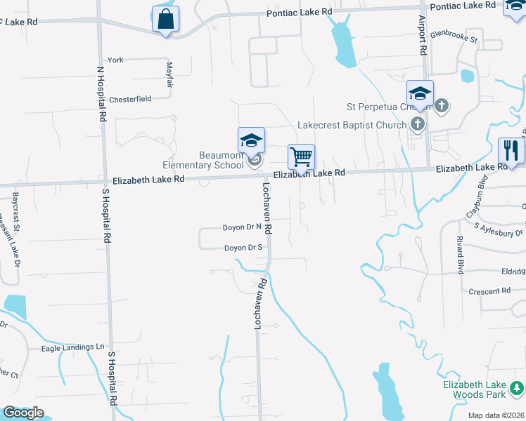 map of restaurants, bars, coffee shops, grocery stores, and more near 6514 Doyon Drive South in Oakland County