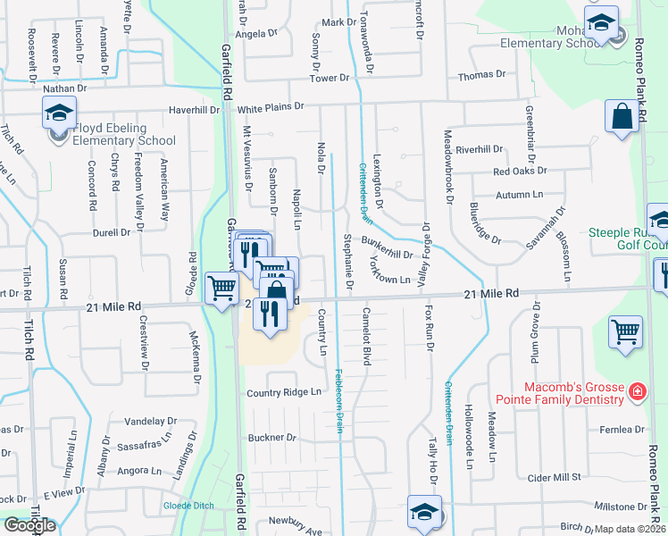 map of restaurants, bars, coffee shops, grocery stores, and more near 47142 Sarnus Drive in Macomb