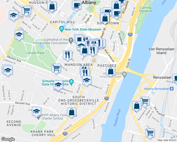 map of restaurants, bars, coffee shops, grocery stores, and more near 221 South Pearl Street in Albany