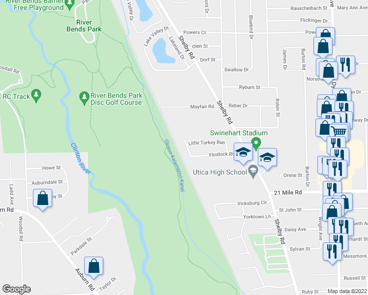 map of restaurants, bars, coffee shops, grocery stores, and more near 47359 Kennesaw Ridge in Shelby charter Township