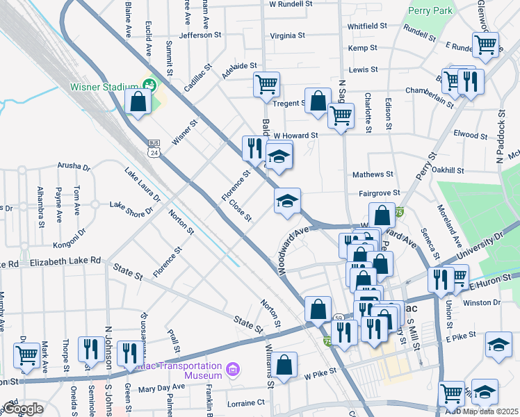 map of restaurants, bars, coffee shops, grocery stores, and more near 40 Sanderson Avenue in Pontiac