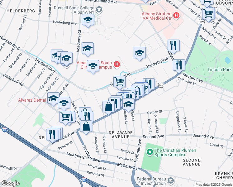 map of restaurants, bars, coffee shops, grocery stores, and more near 35 Summit Avenue in Albany