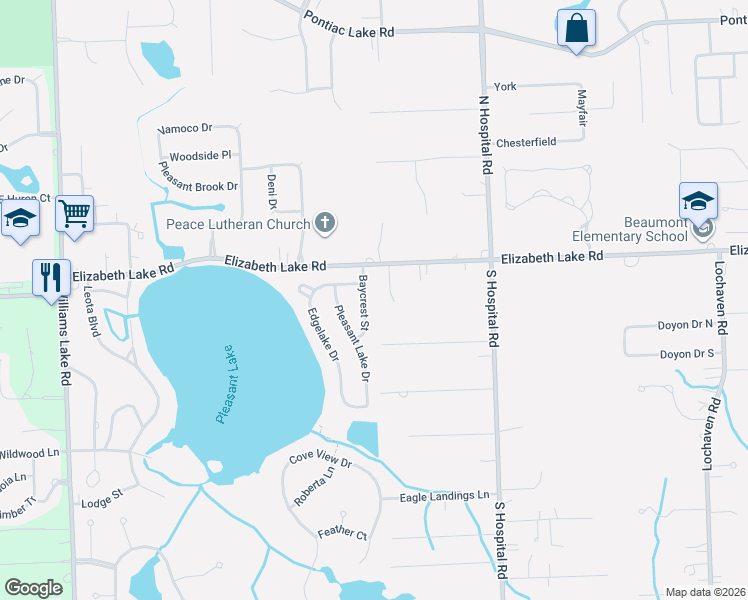 map of restaurants, bars, coffee shops, grocery stores, and more near 27 Baycrest Street in Waterford charter Township