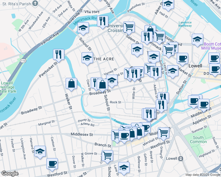 map of restaurants, bars, coffee shops, grocery stores, and more near 571 Broadway Street in Lowell