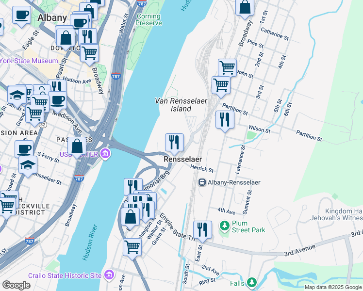 map of restaurants, bars, coffee shops, grocery stores, and more near 541 Broadway in Rensselaer