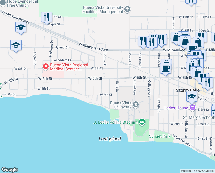 map of restaurants, bars, coffee shops, grocery stores, and more near 520 Terrence Street in Storm Lake
