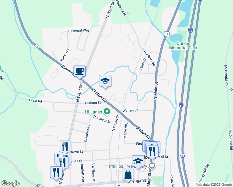 map of restaurants, bars, coffee shops, grocery stores, and more near 58 Clinton Street in Homer