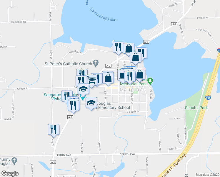 map of restaurants, bars, coffee shops, grocery stores, and more near 137 East Center Street in Douglas