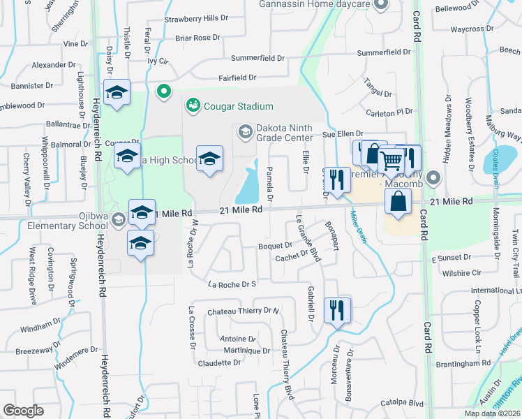 map of restaurants, bars, coffee shops, grocery stores, and more near 21171 21 Mile Road in Macomb