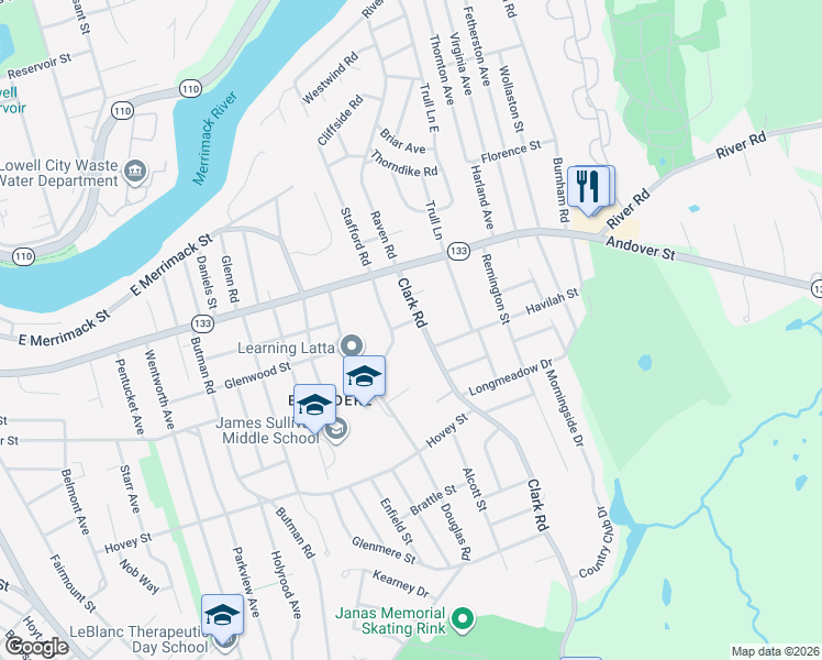map of restaurants, bars, coffee shops, grocery stores, and more near 61 Garden Road in Lowell
