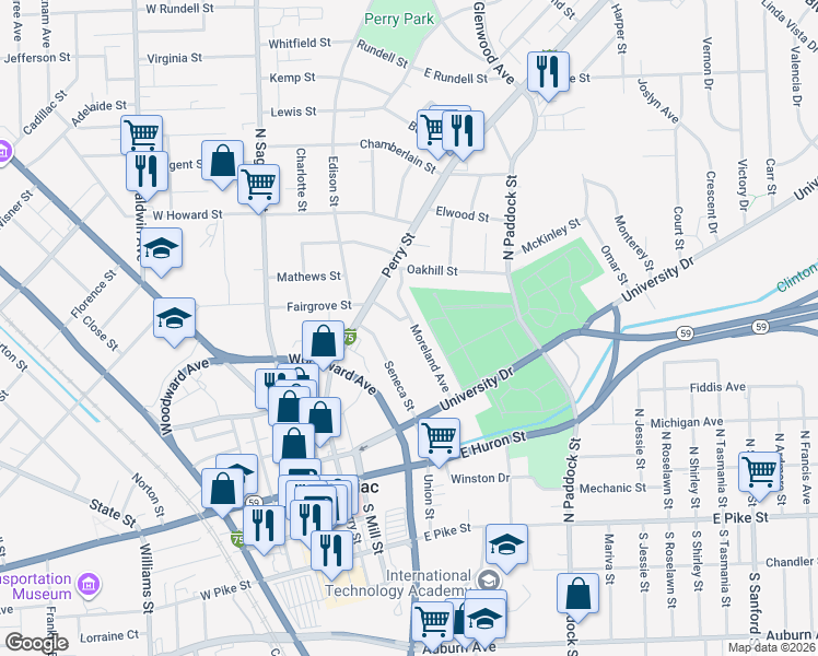 map of restaurants, bars, coffee shops, grocery stores, and more near 85 Moreland Avenue in Pontiac