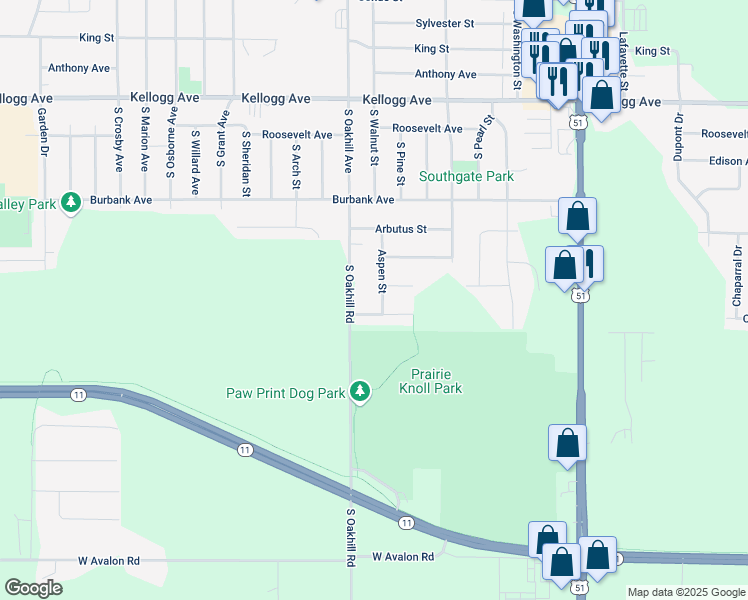 map of restaurants, bars, coffee shops, grocery stores, and more near 2524 Aspen Street in Janesville