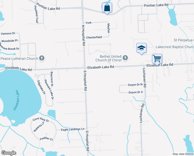 map of restaurants, bars, coffee shops, grocery stores, and more near 6905 Elizabeth Lake Road in Waterford Township