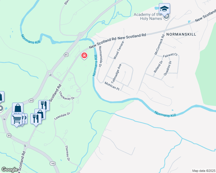 map of restaurants, bars, coffee shops, grocery stores, and more near 9 Mohican Place in Slingerlands