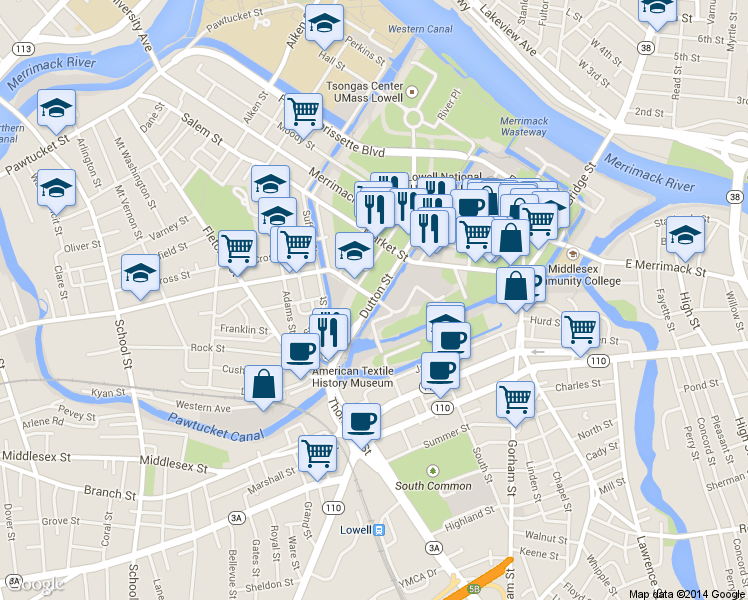 map of restaurants, bars, coffee shops, grocery stores, and more near in Lowell