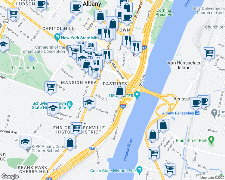 map of restaurants, bars, coffee shops, grocery stores, and more near 136 Green Street in Albany