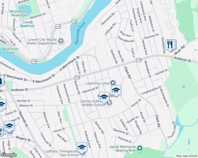 map of restaurants, bars, coffee shops, grocery stores, and more near 118 Frothingham Street in Lowell