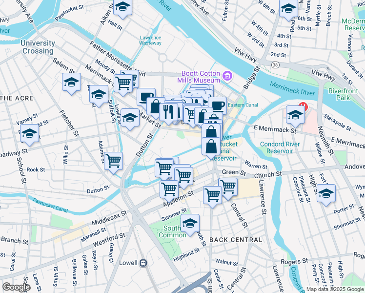 map of restaurants, bars, coffee shops, grocery stores, and more near 200 Market Street in Lowell