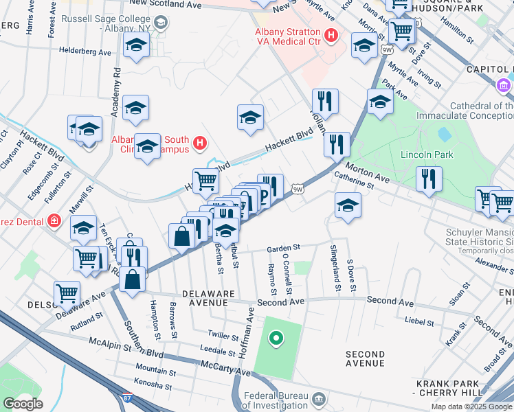 map of restaurants, bars, coffee shops, grocery stores, and more near 267 New York 443 in Albany