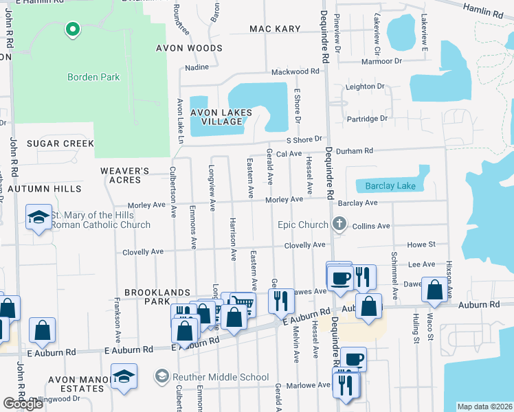 map of restaurants, bars, coffee shops, grocery stores, and more near 2513 Eastern Avenue in Rochester Hills