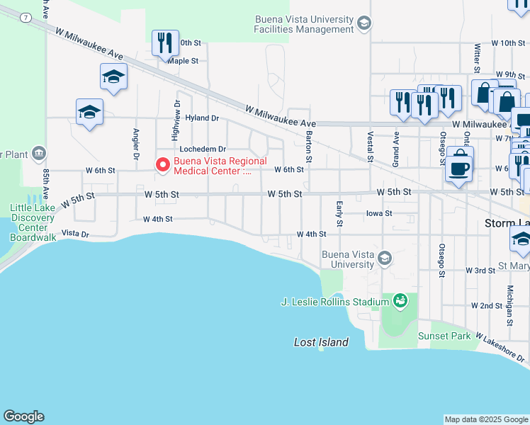map of restaurants, bars, coffee shops, grocery stores, and more near 515 Larchwood Drive in Storm Lake