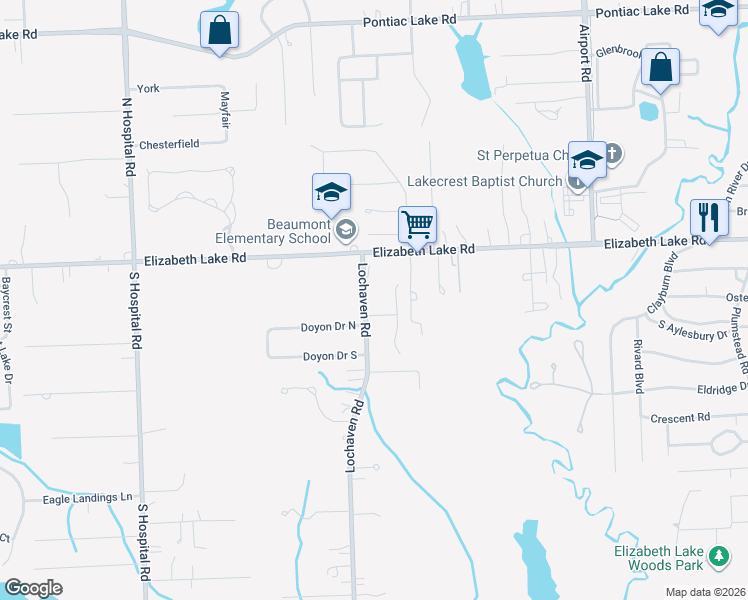 map of restaurants, bars, coffee shops, grocery stores, and more near 6514 Doyon Drive South in Waterford Township