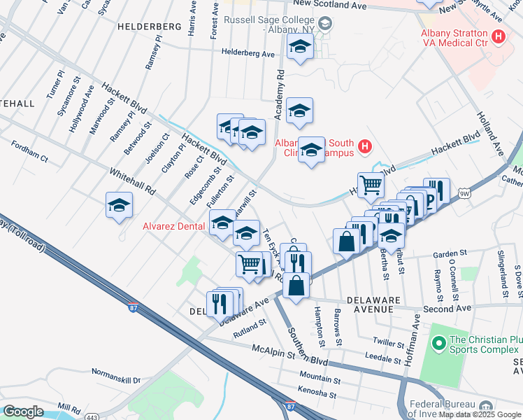 map of restaurants, bars, coffee shops, grocery stores, and more near 63 Ten Eyck Avenue in Albany