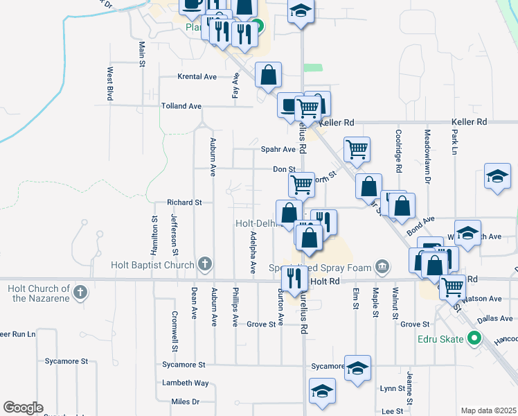 map of restaurants, bars, coffee shops, grocery stores, and more near 2120 Adelphia Avenue in Delhi charter Township