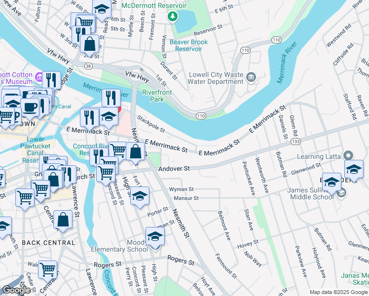 map of restaurants, bars, coffee shops, grocery stores, and more near 466 East Merrimack Street in Lowell