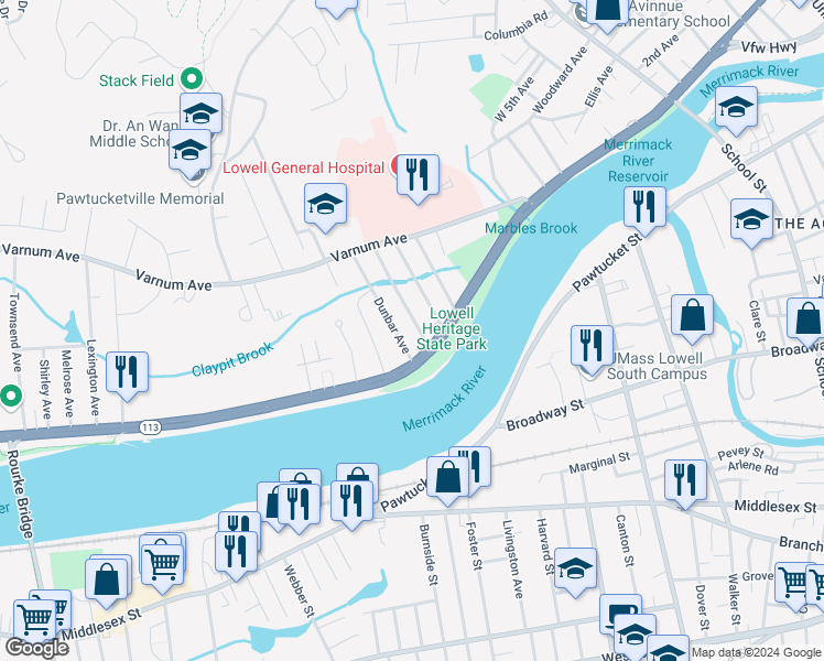 map of restaurants, bars, coffee shops, grocery stores, and more near 30 Delaware Avenue in Lowell