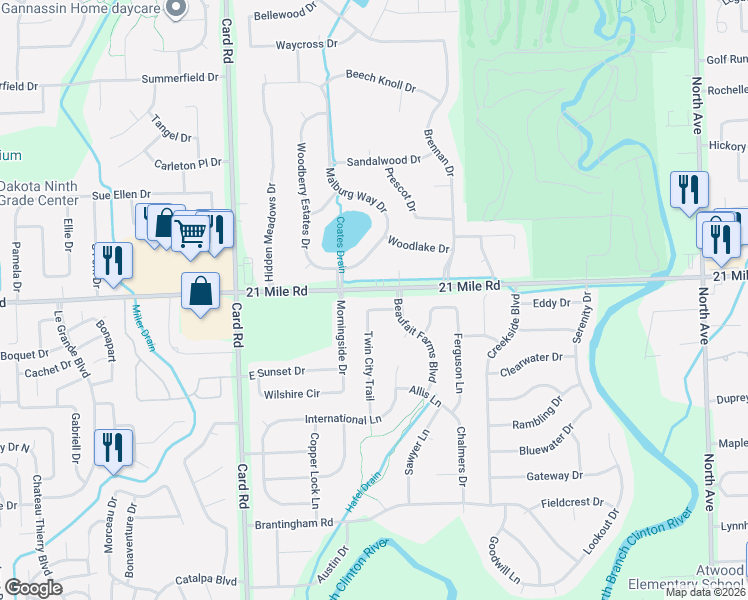 map of restaurants, bars, coffee shops, grocery stores, and more near 22231 John Deere Lane in Macomb