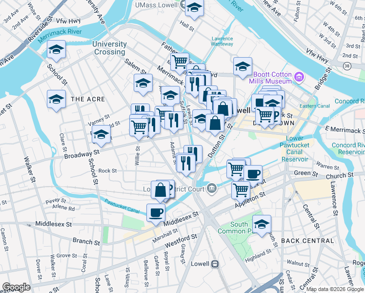 map of restaurants, bars, coffee shops, grocery stores, and more near 54 Cork Street in Lowell