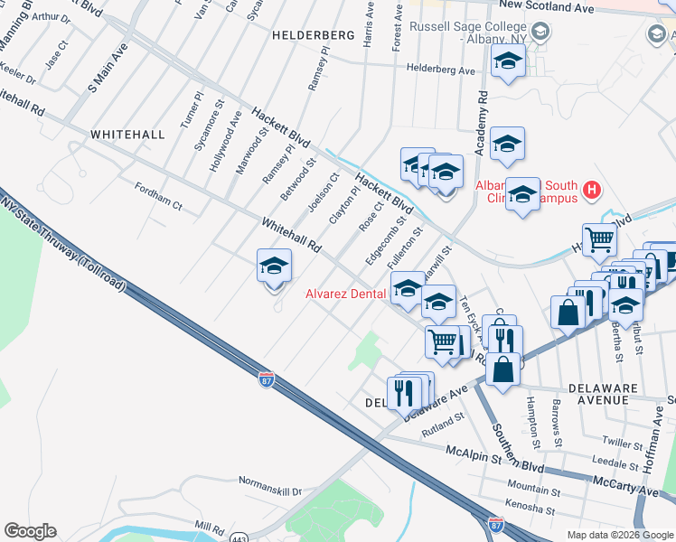 map of restaurants, bars, coffee shops, grocery stores, and more near 170 Whitehall Road in Albany